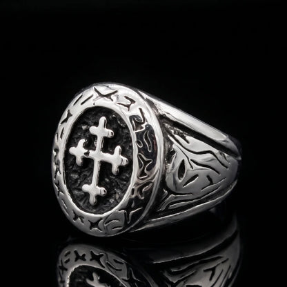 Crusader Cross Ring Front View Premium Stainless Steel Mens Religious Jewelry
