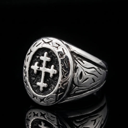Crusader Cross Ring Front View Premium Stainless Steel Mens Religious Jewelry