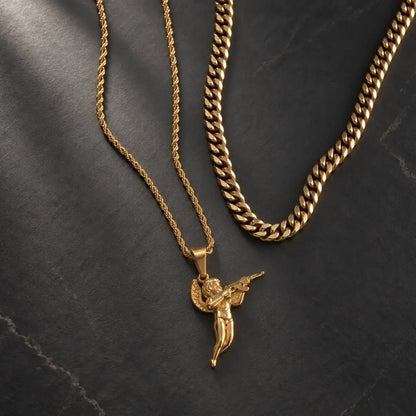 cupid pendant necklace gold layered set birds eye display