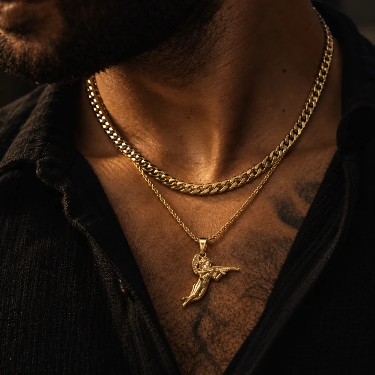 cupid pendant necklace gold layered set lifestyle black shirt