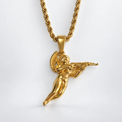 cupid pendant necklace gold with rope chain white background