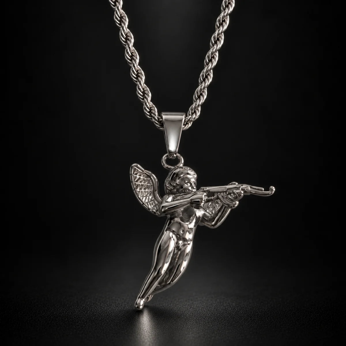 cupid pendant necklace silver black background hero