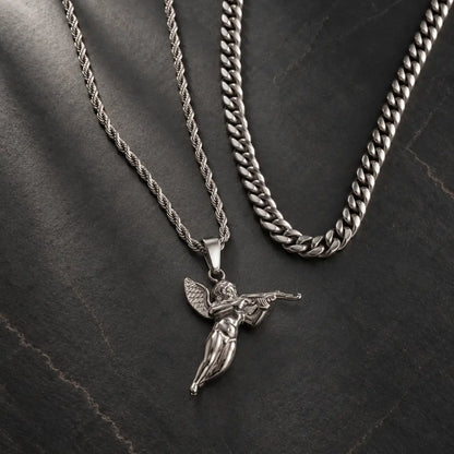 cupid pendant necklace silver layered set birds eye display
