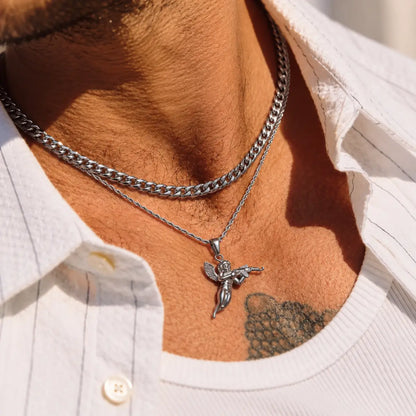 cupid pendant necklace silver layered set lifestyle white shirt