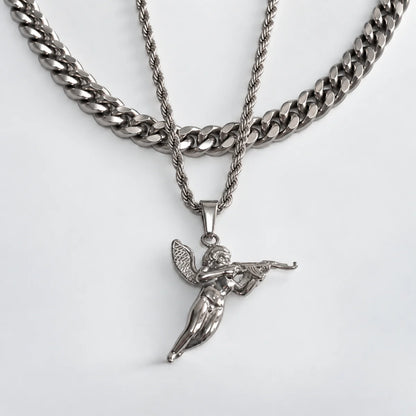 cupid pendant necklace silver layered set white background