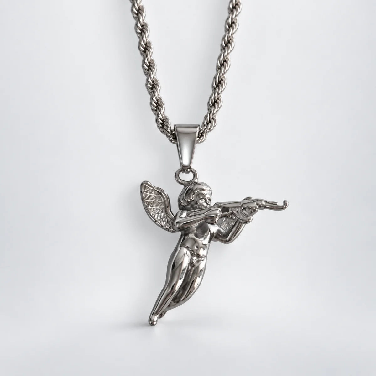 cupid pendant necklace silver with rope chain white background