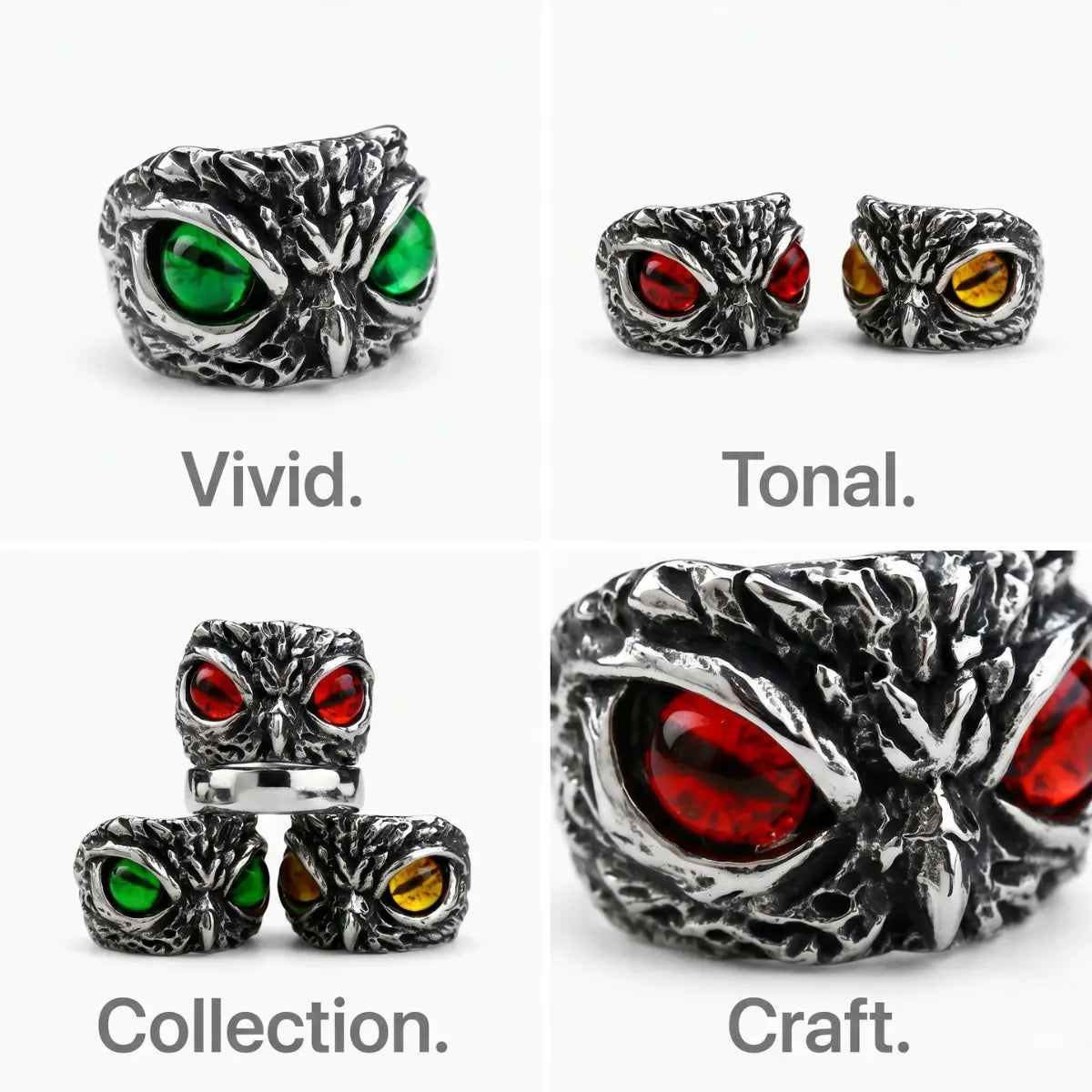 Demon Owl Eye Ring Design Features 316L Stainless Steel Sculpted Animal Jewelry