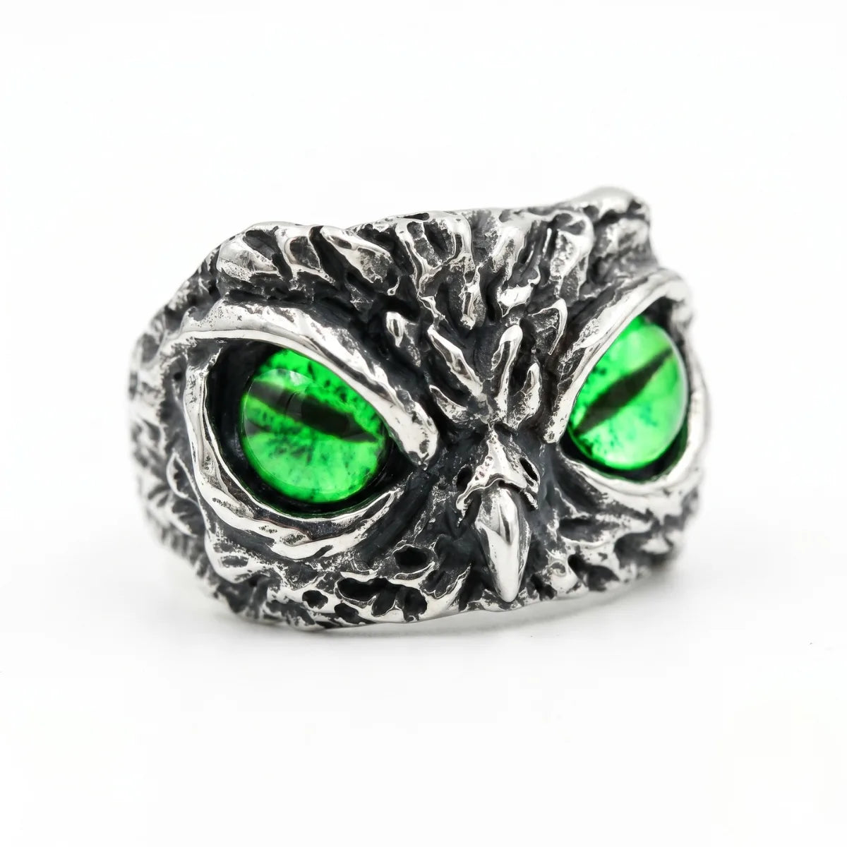 Demon Owl Eye Ring Green Eye White Background Mens Biker Jewelry