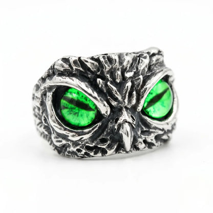 Demon Owl Eye Ring Green Eye White Background Mens Biker Jewelry