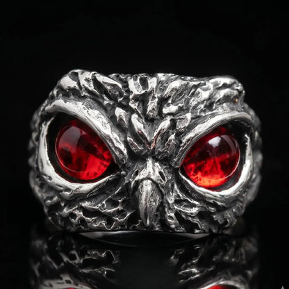 Demon Owl Eye Ring Red Eye Front View Premium Stainless Steel Mens Gothic Jewelry