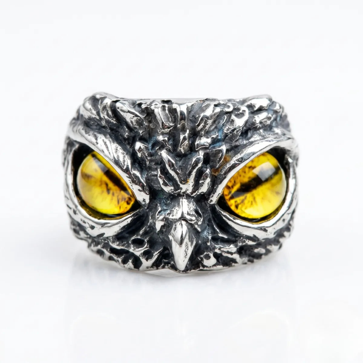 Demon Owl Eye Ring Yellow Eye White Background Gothic Fantasy Jewelry