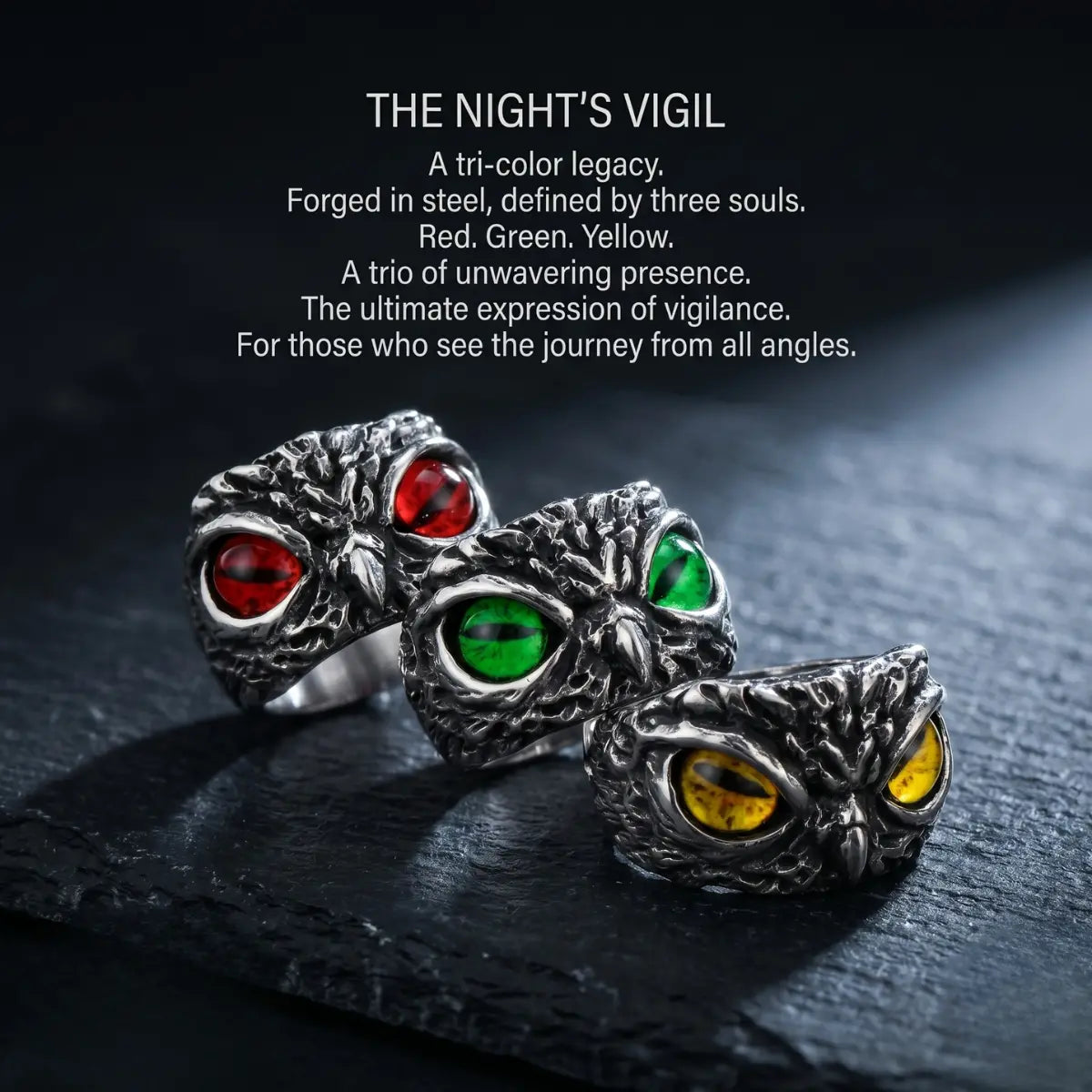 Demon Owl Eye Rings Collection Red Green Yellow Eyes Macabre Fantasy Jewelry