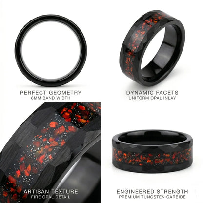 Design details of 8mm Black Hammered Opal Tungsten Ring showing artisan texture