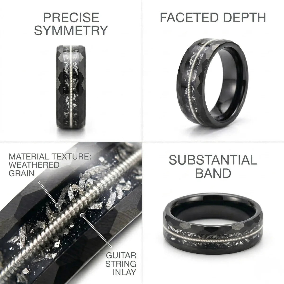 Design details of 8mm Guitar String Tungsten Ring featuring faceted edges and symmetry