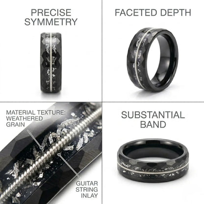 Design details of 8mm Guitar String Tungsten Ring featuring faceted edges and symmetry