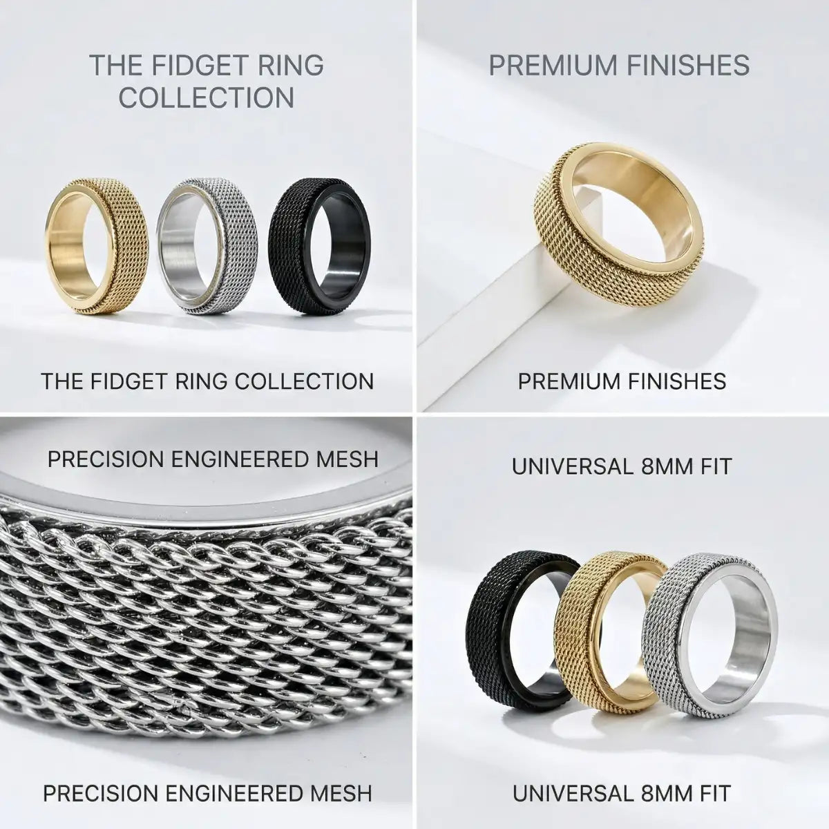 Design Details 8mm Men's Mesh Fidget Ring Collection Silver Gold Black