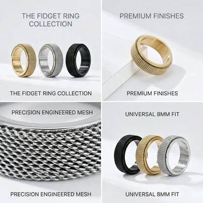 Design Details 8mm Men's Mesh Fidget Ring Collection Silver Gold Black