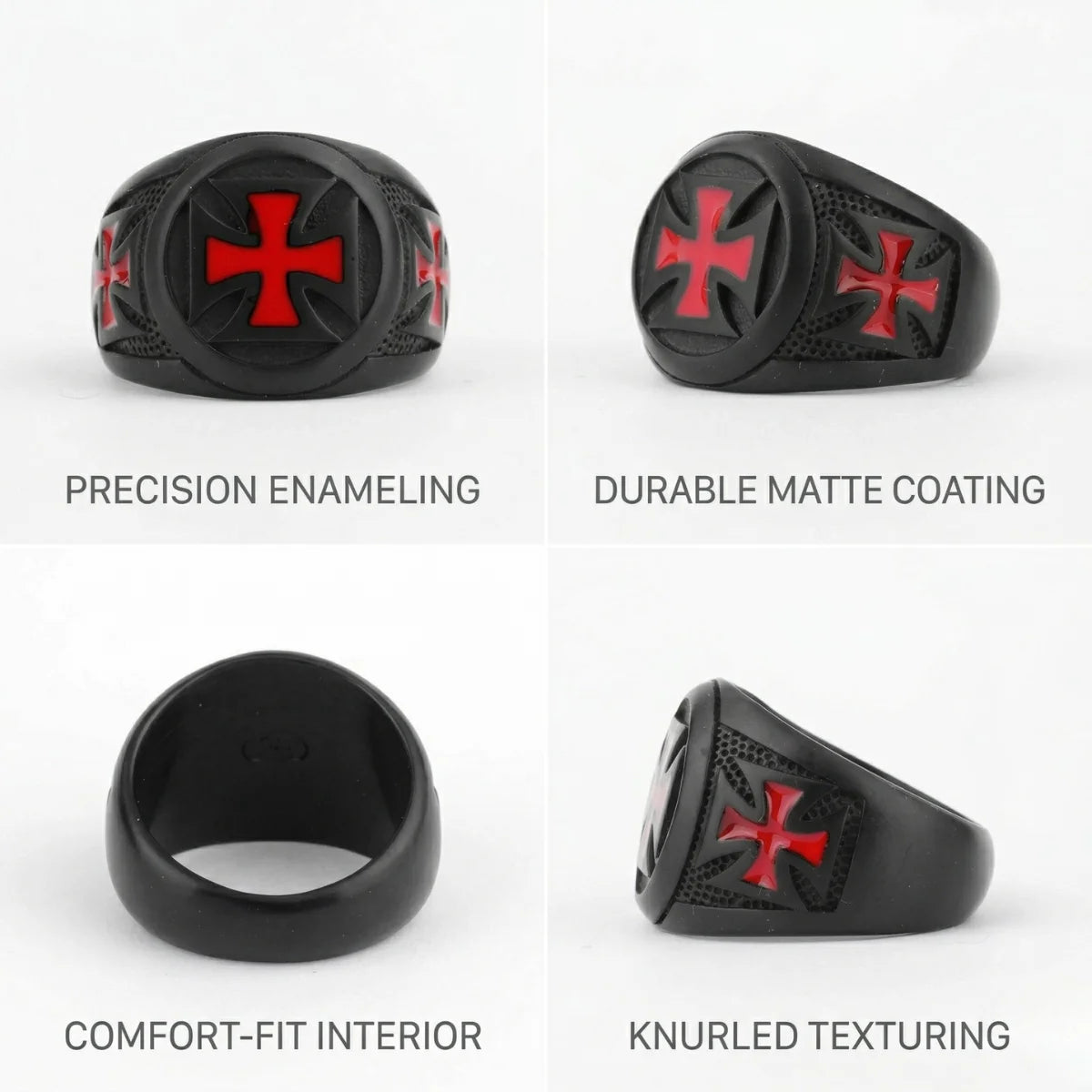 Design details of black Knights Templar Cross Ring showing durable matte coating