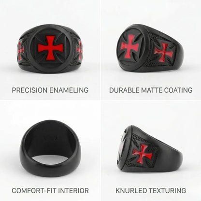 Design details of black Knights Templar Cross Ring showing durable matte coating