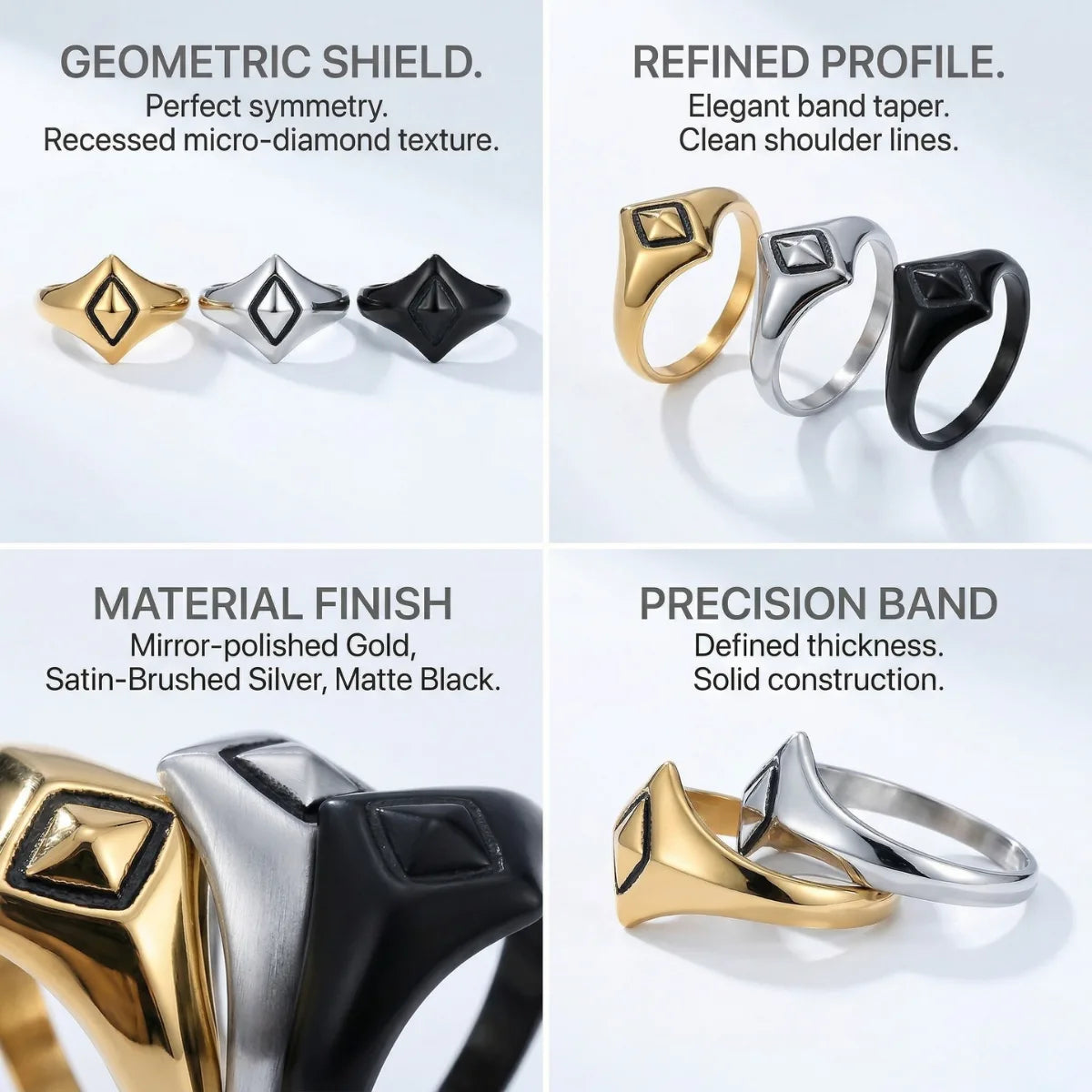 Design details of Geometric Rhombus Ring showing geometric shield