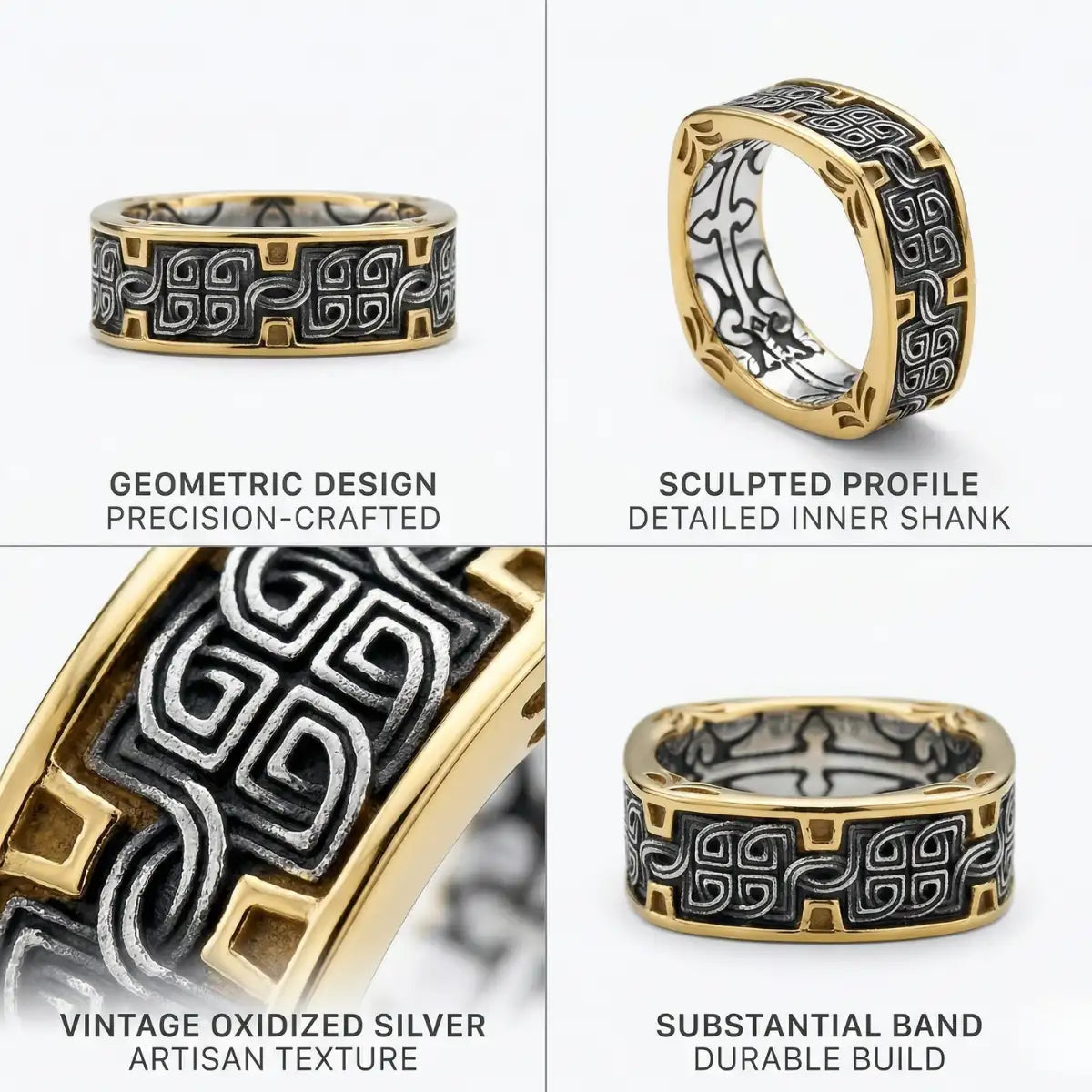 Design details of gold and silver Greek Key Ring showing vintage oxidized texture