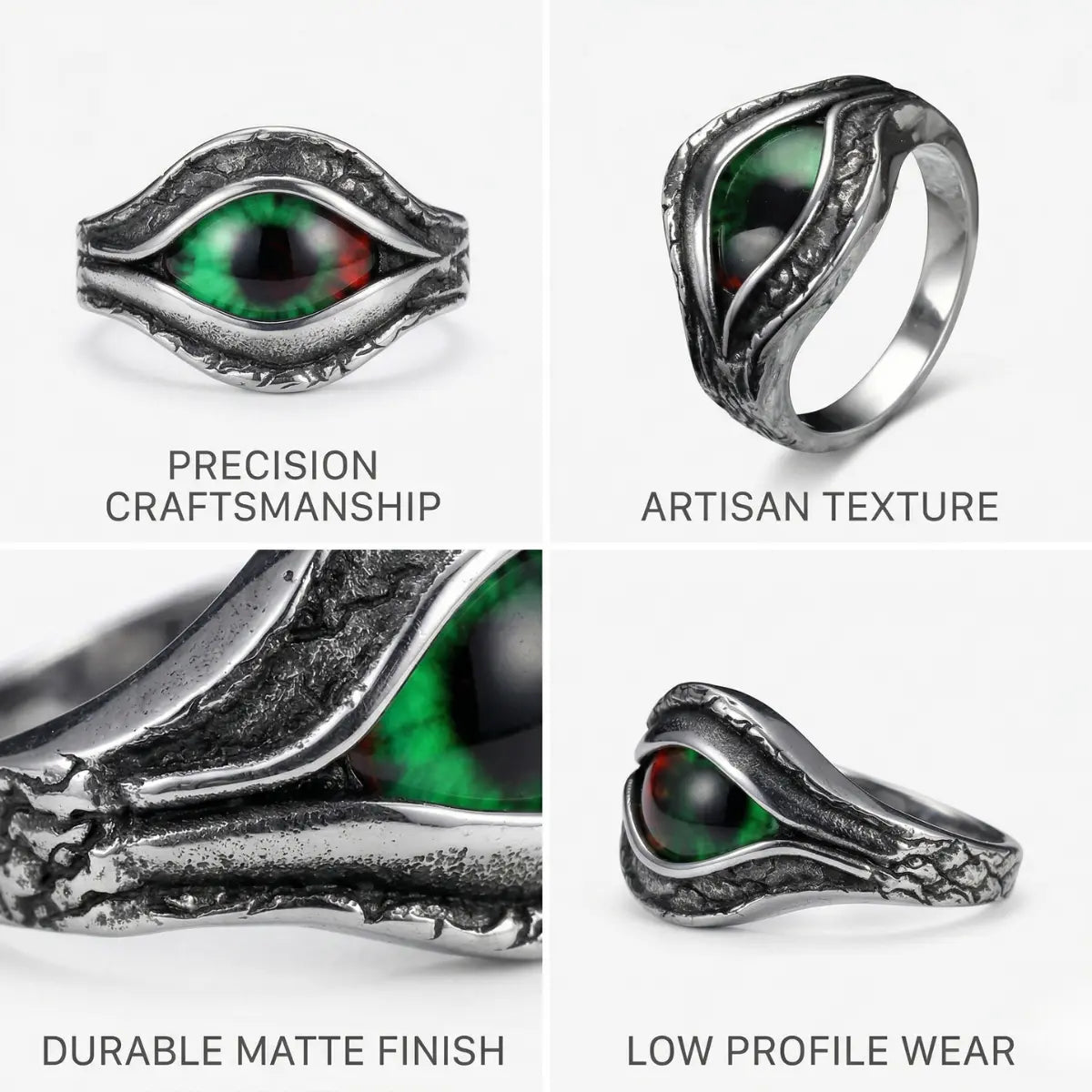 Design details of Green Eye Ring showing artisan texture