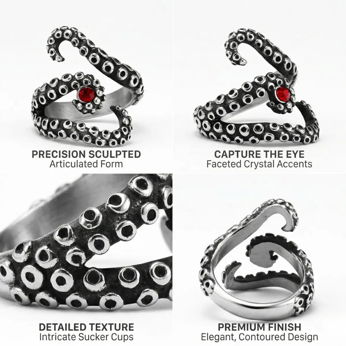 Design details of Octopus Tentacle Ring showing precision sculpted form