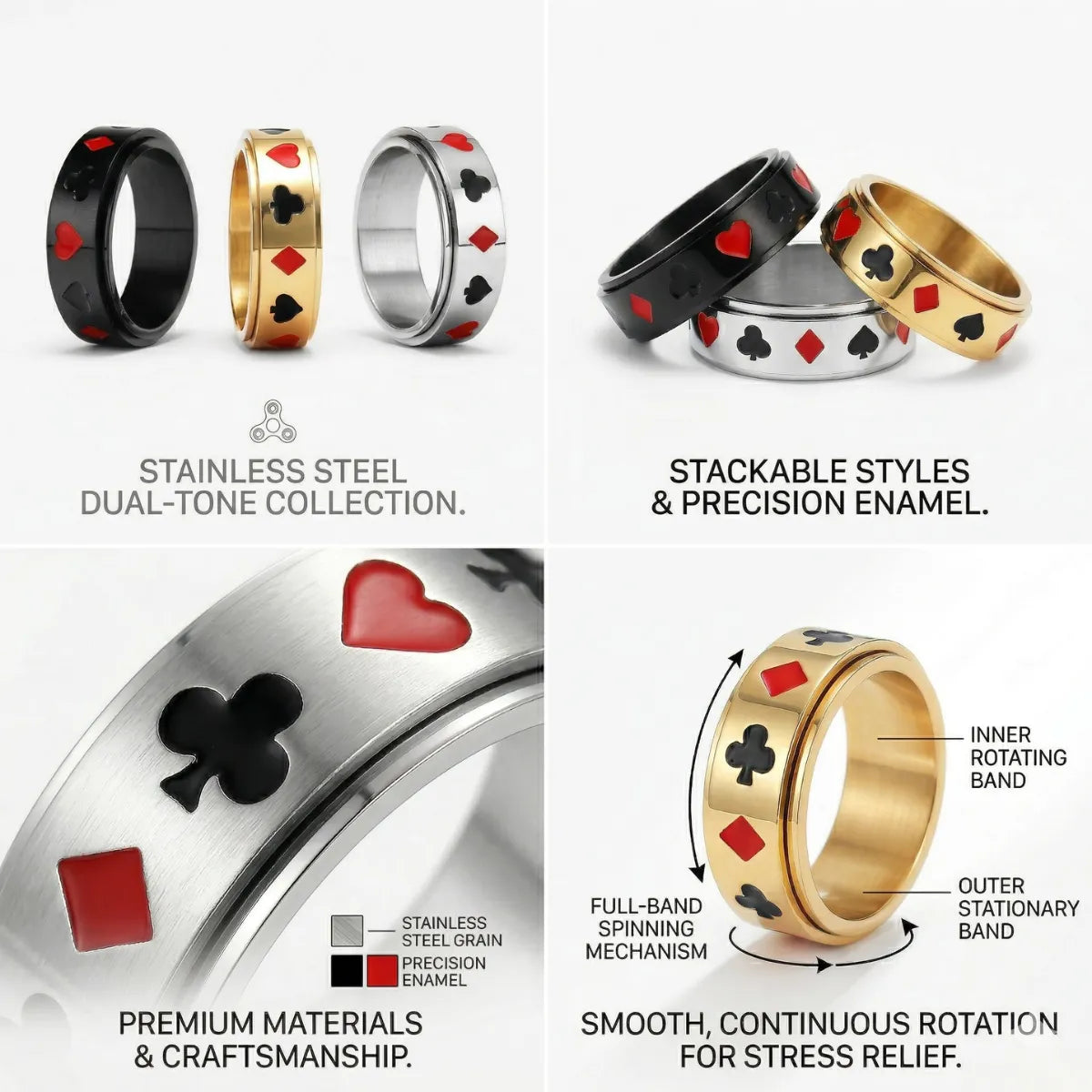 Design details of Playing Card Spinner Ring showing stress relief rotation