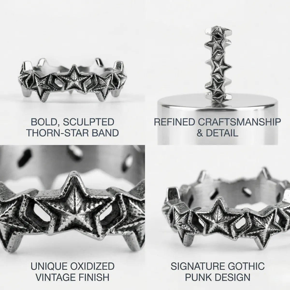 Design details of Punk Star Ring showing sculpted gothic design
