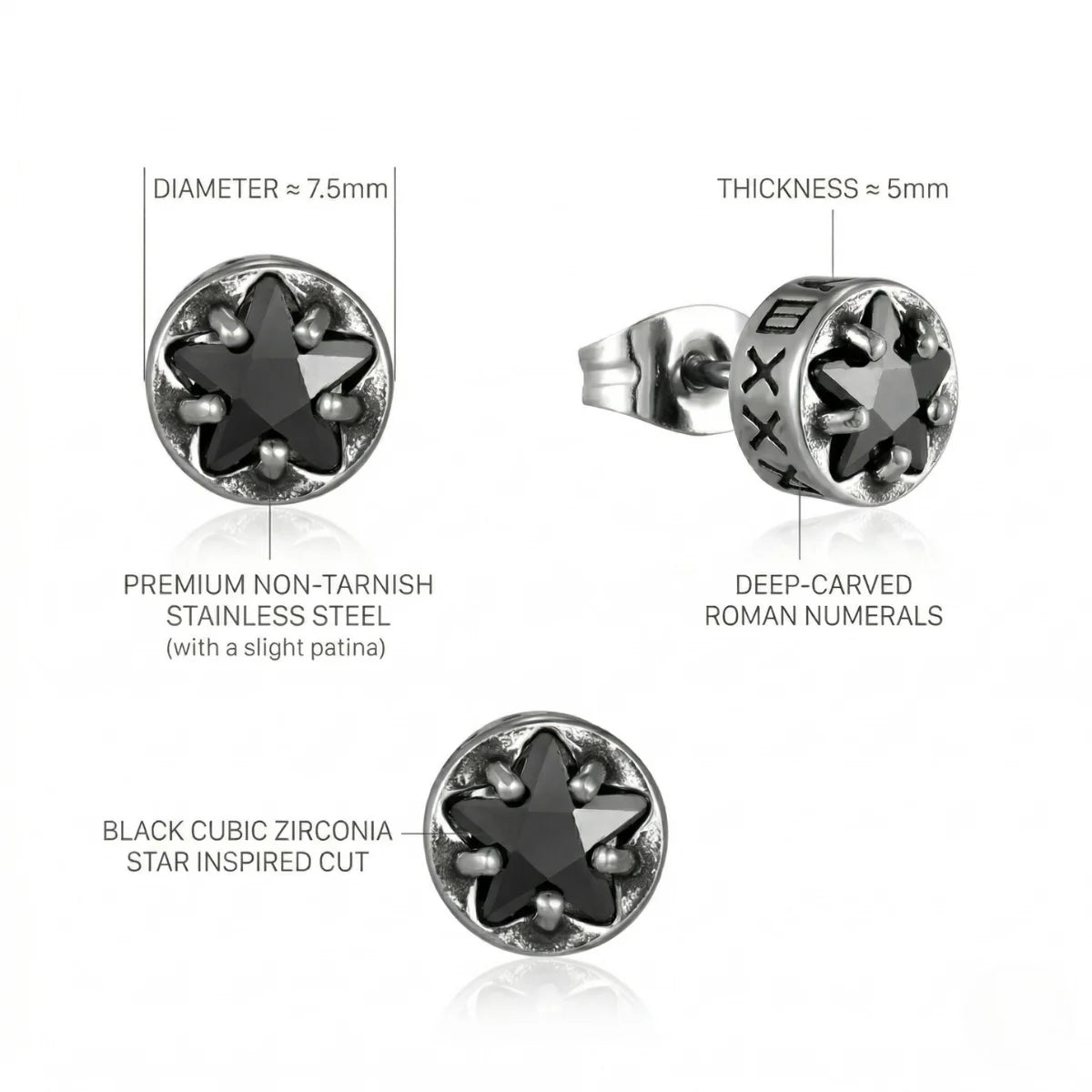 Design details of Roman Numeral CZ Star Studs showing specifications