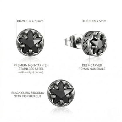 Design details of Roman Numeral CZ Star Studs showing specifications