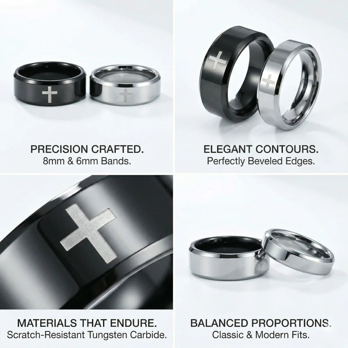 Design details of silver and black 6mm and 8mm Tungsten Cross Rings