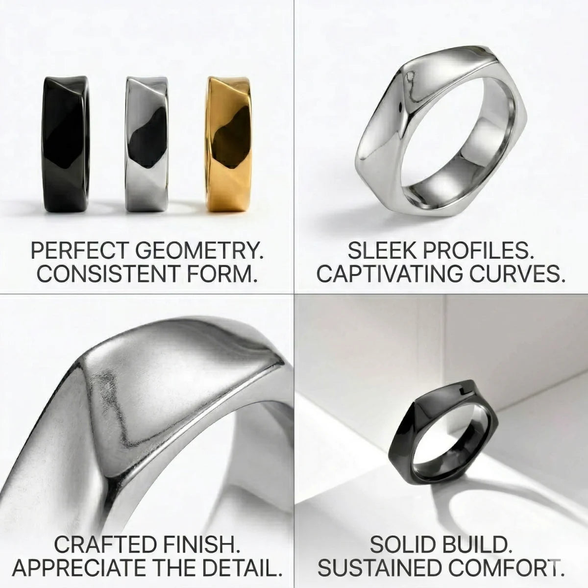 Design details of silver Pentagon Ring showing geometric facets