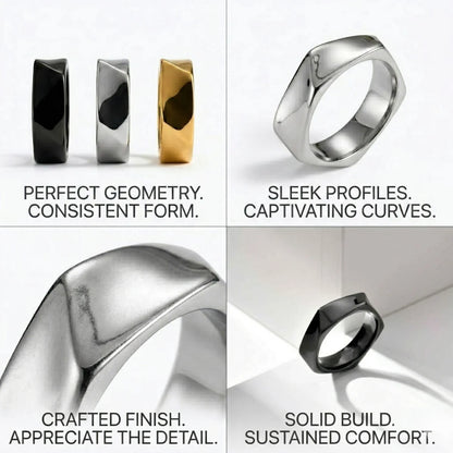 Design details of silver Pentagon Ring showing geometric facets