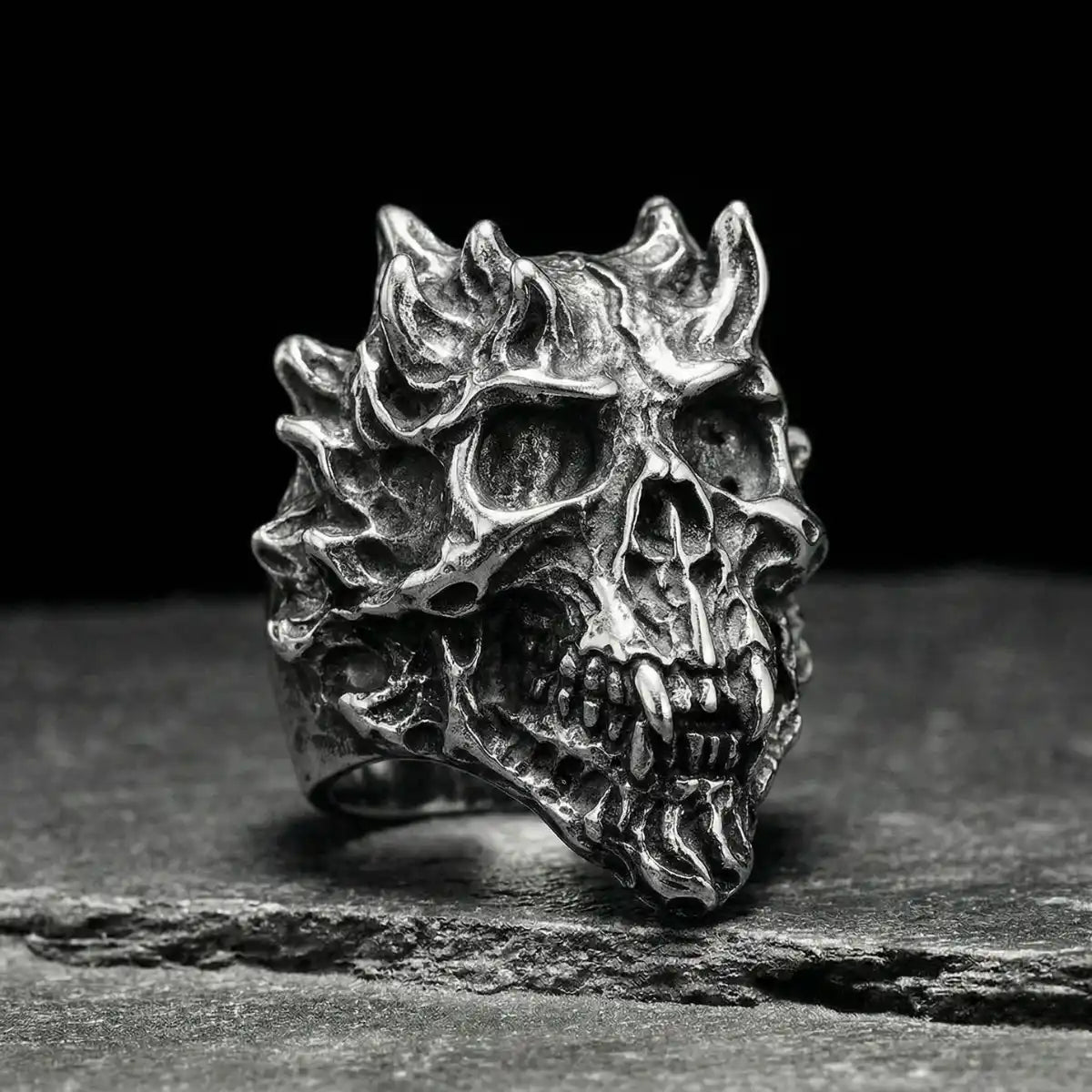 Devil Skull Ring Horned Demon Front View Gothic Jewelry