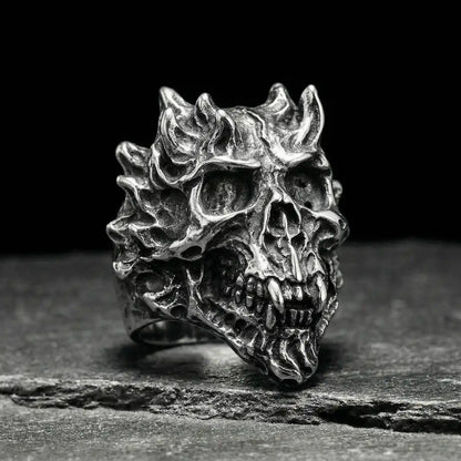 Devil Skull Ring Horned Demon Front View Gothic Jewelry