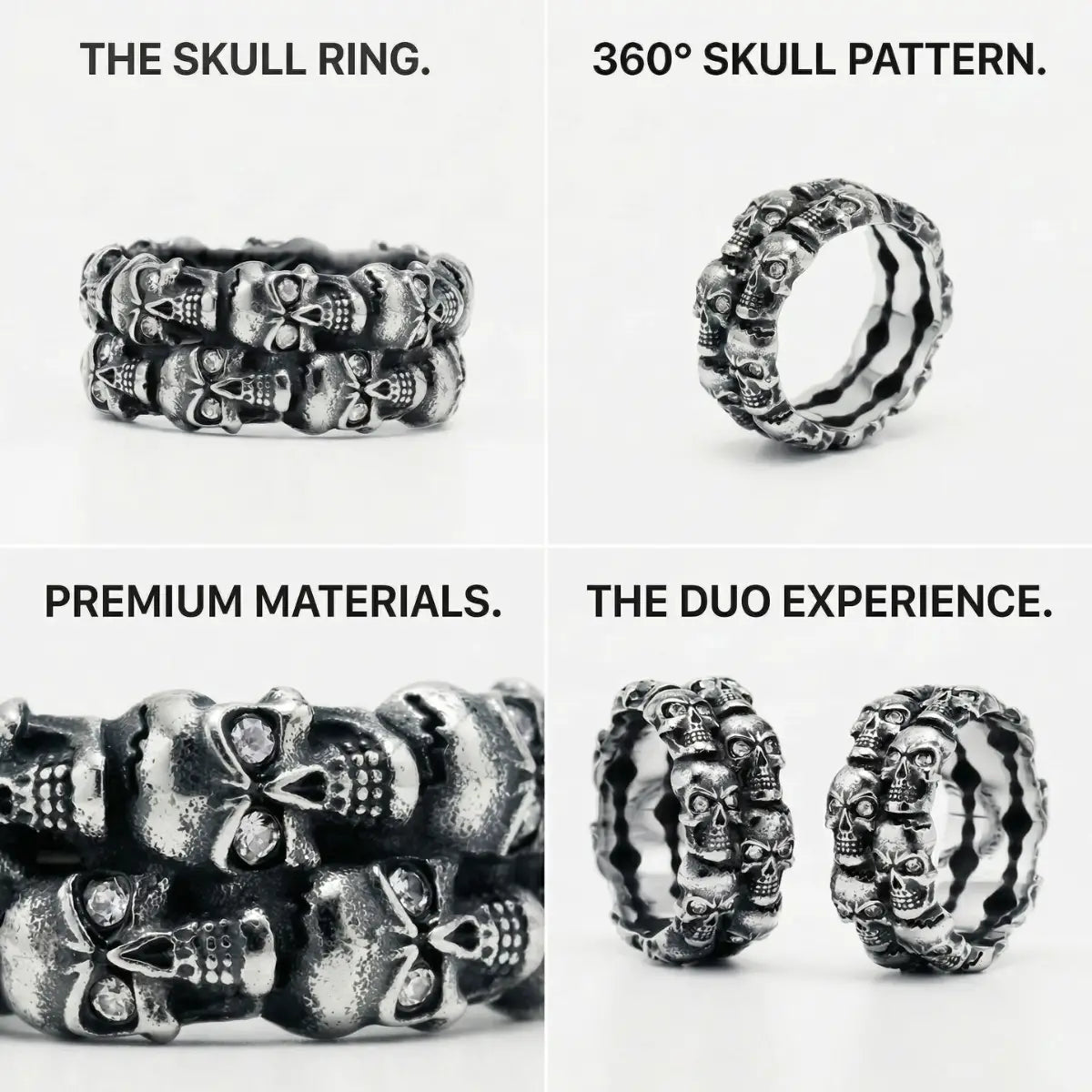 Double Row Skull Ring Design Features 360 Pattern Biker Jewelry