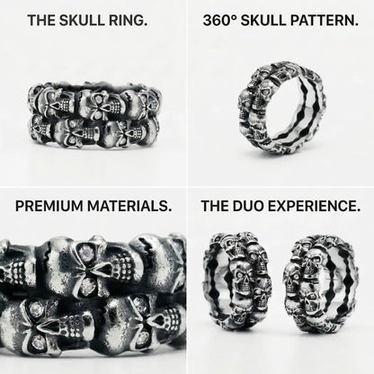 Double Row Skull Ring Design Features 360 Pattern Biker Jewelry