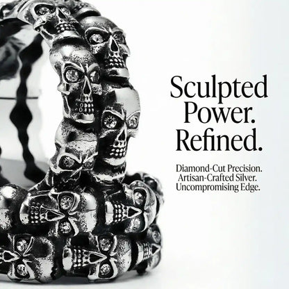 Double Row Skull Ring Sculpted Artisan Details Gothic Jewelry