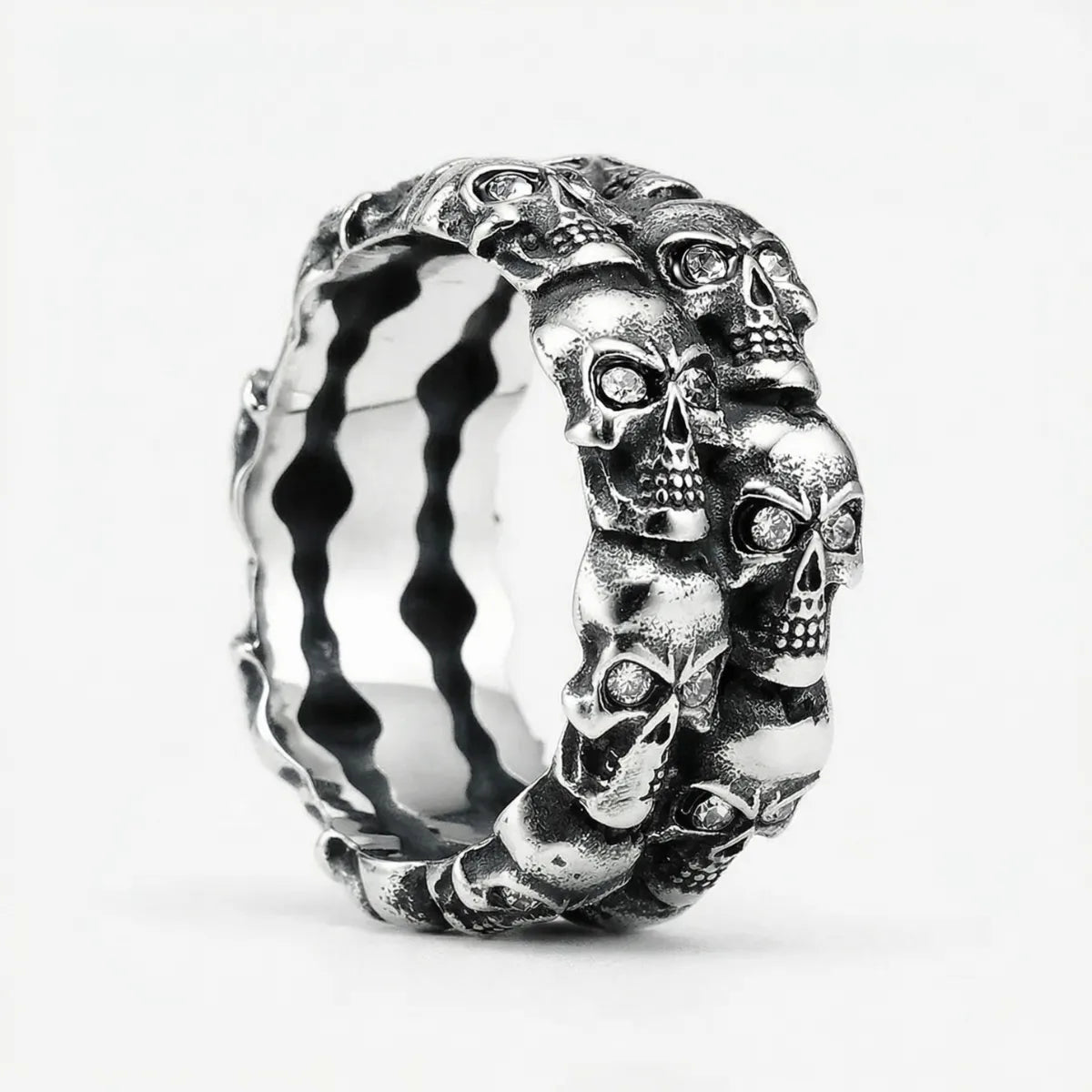 Double Row Skull Ring Style B Diamond Studded Eyes Gothic Jewelry