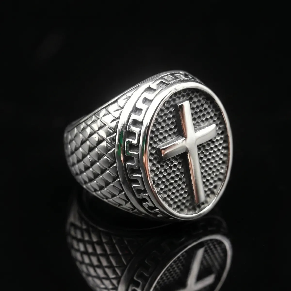 Dragon Scale Cross Ring Front View Premium Stainless Steel Mens Religious Jewelry