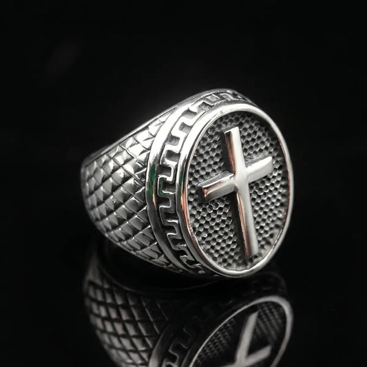 Dragon Scale Cross Ring Front View Premium Stainless Steel Mens Religious Jewelry
