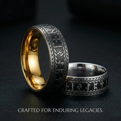 Elder Futhark Ring Group Shot Dark Background Ancient Symbol Jewelry