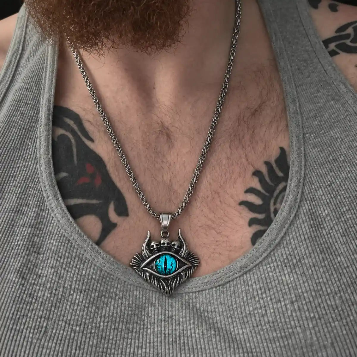 Evil Eye Skull Pendant Blue Pendant with Chain on Man