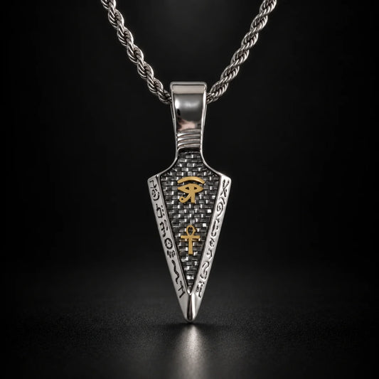 eye of horus ankh spearhead necklace black background hero