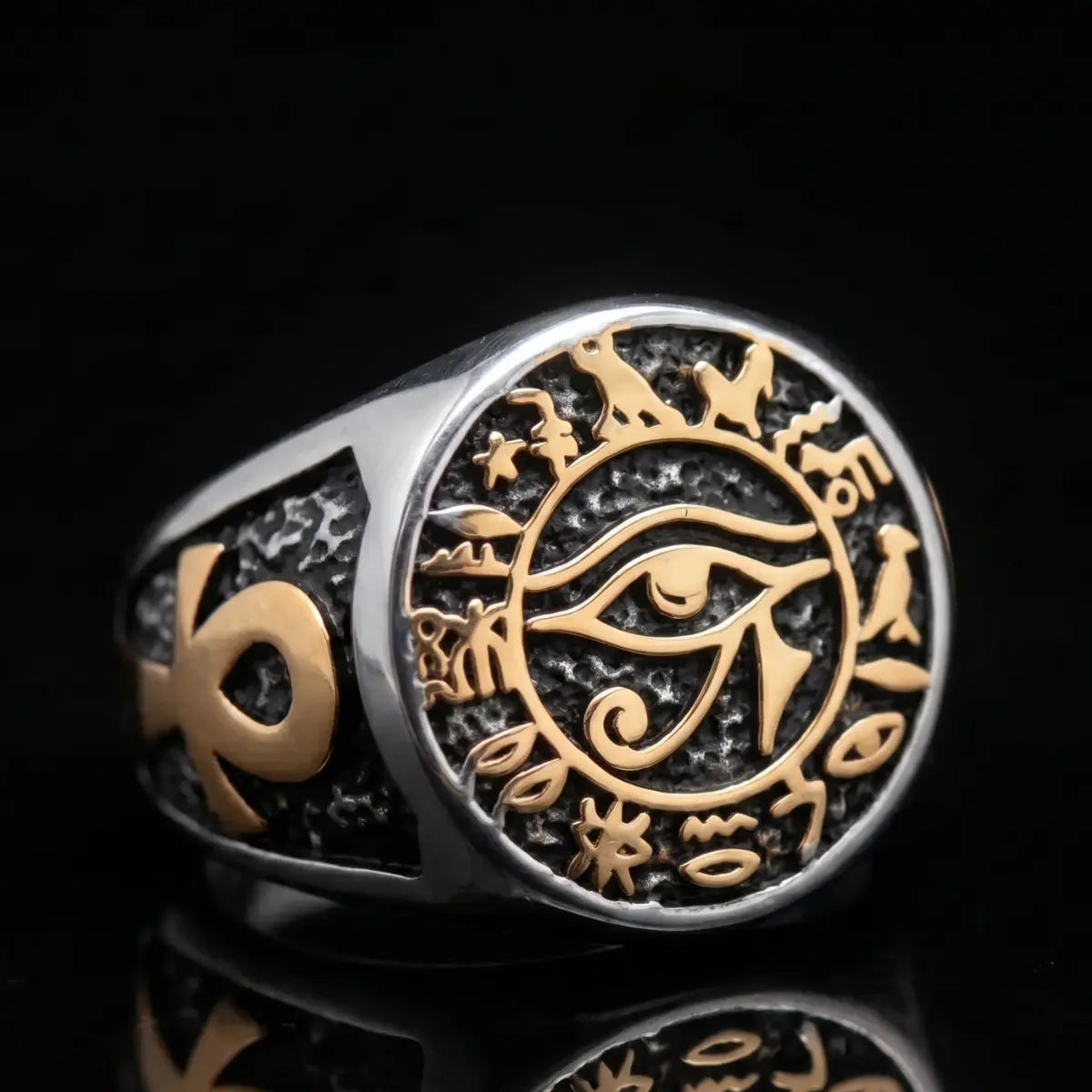 Eye Of Horus Ring Front View Premium Stainless Steel Mens Egyptian Jewelry