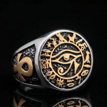 Eye Of Horus Ring Front View Premium Stainless Steel Mens Egyptian Jewelry