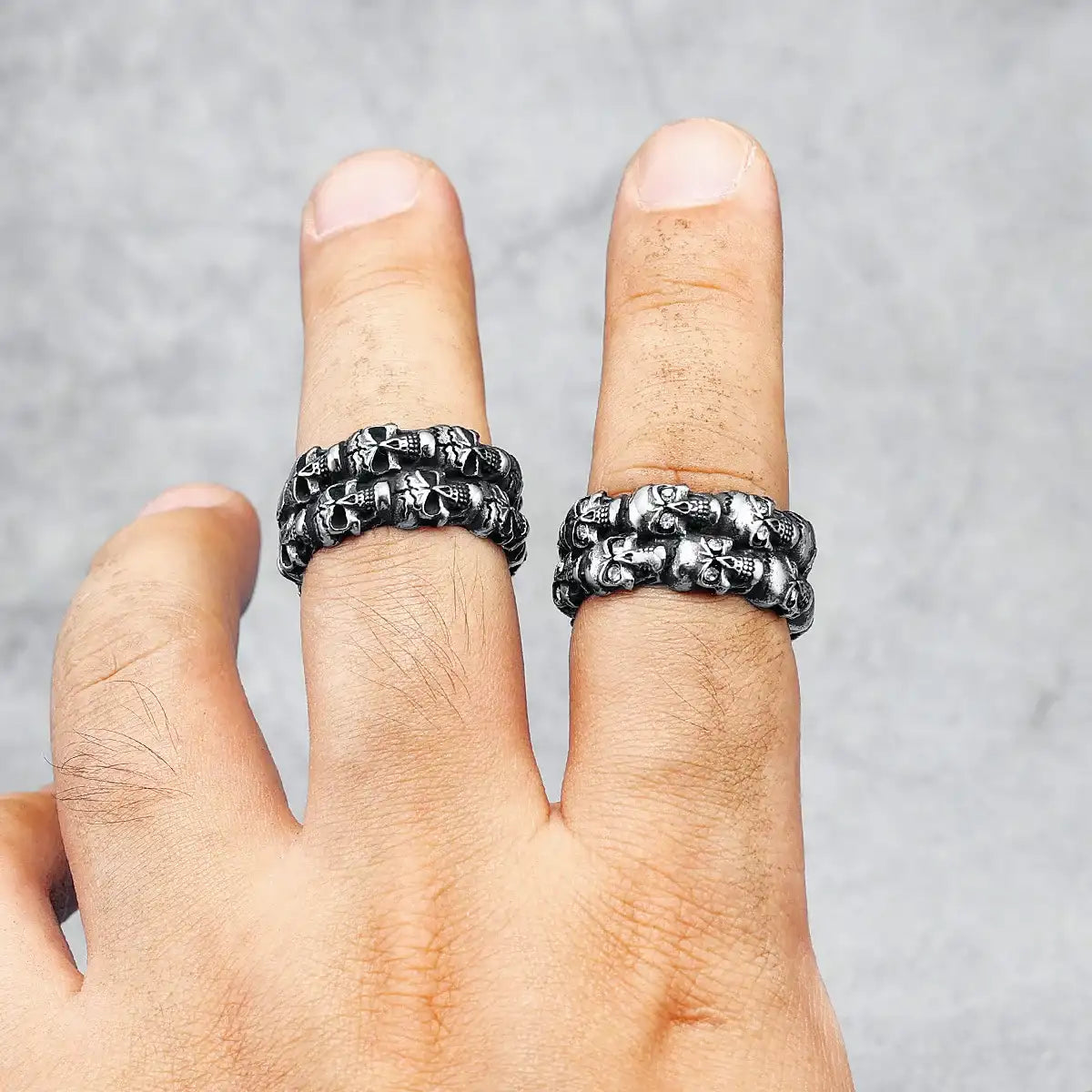 Fingers Displaying Double Row Skull Rings Mens Punk Jewelry