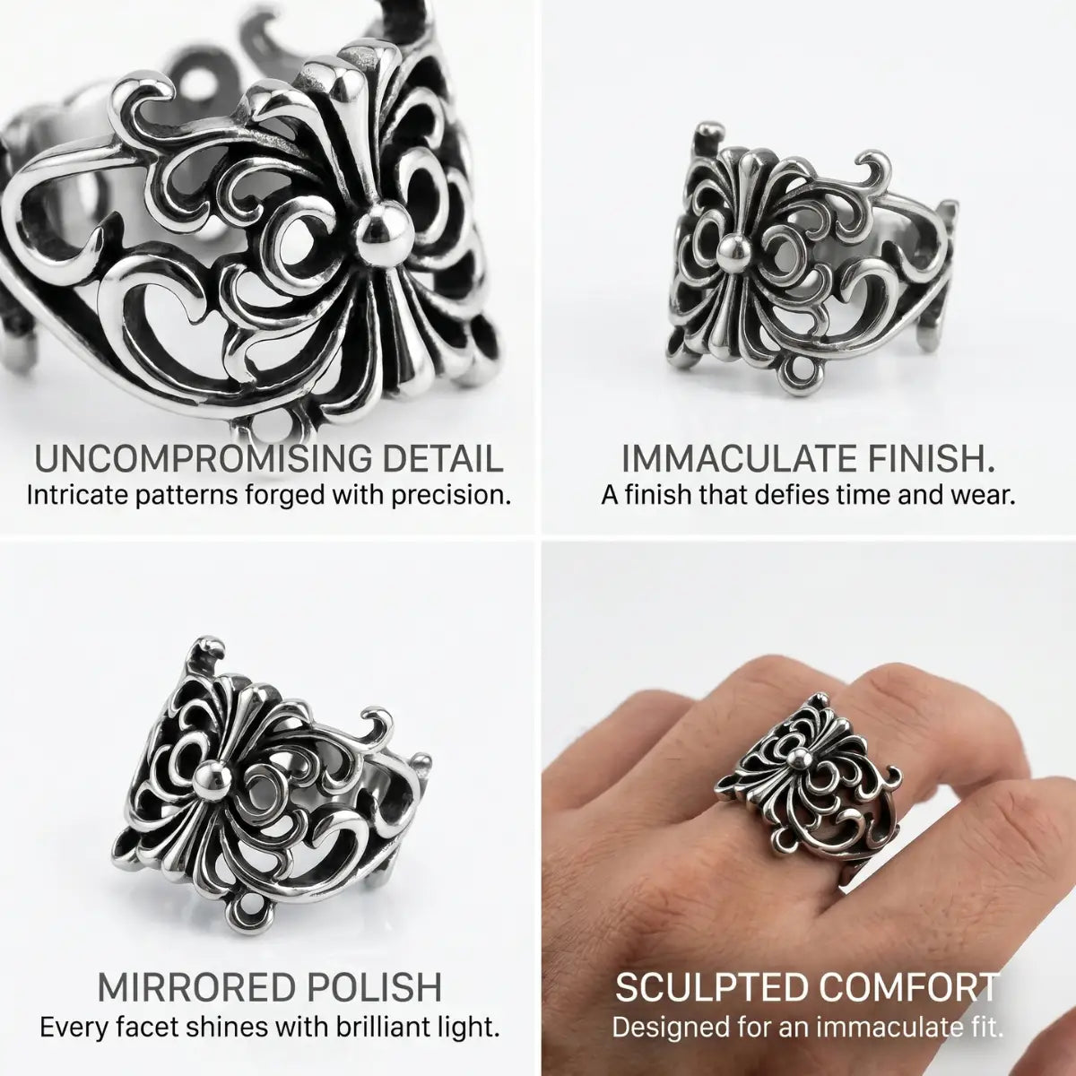 Fleur De Lis Cross Ring Design Features 316L Stainless Steel Filigree Statement Jewelry
