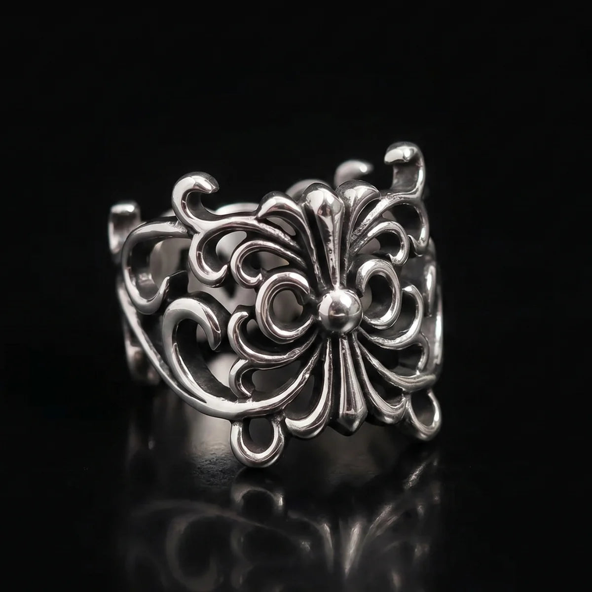 Fleur De Lis Cross Ring Front View Premium Stainless Steel Vintage Gothic Jewelry